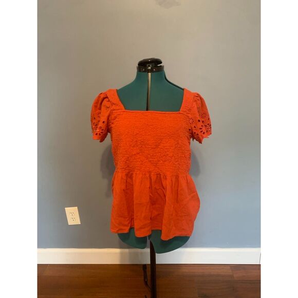 Madewell Eyelet-Sleeve Lucie Smocked Peplum Orange Top, size M - Picture 3 of 6